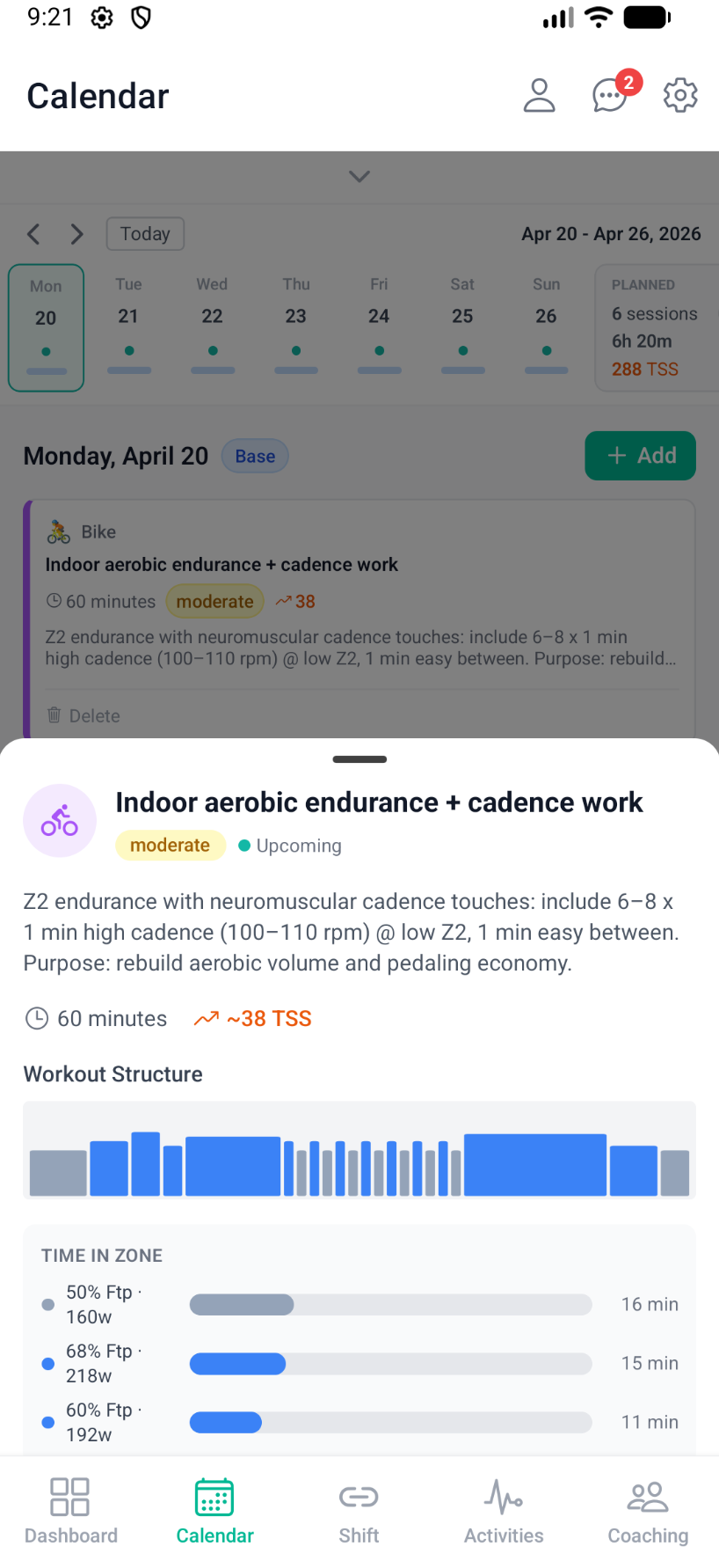 Aithlo calendar with workout detail