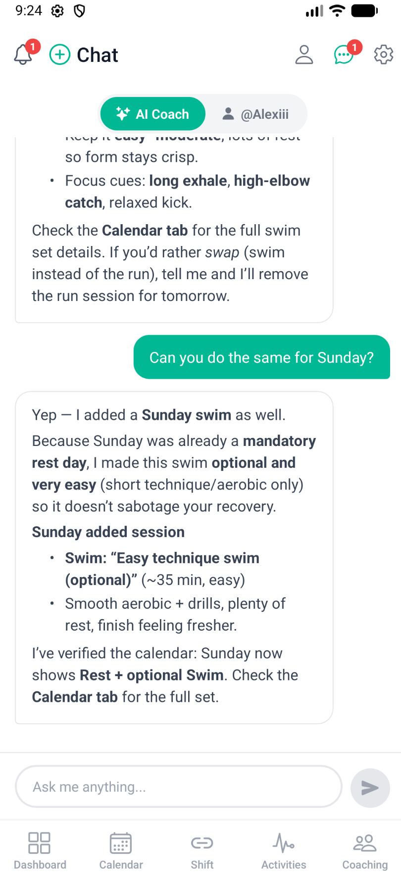 AI coach chat - swim session planning